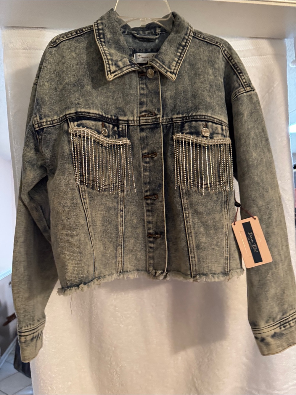 Denim Blvd Blue Jean Blingy Rhinestone Fringe Jacket